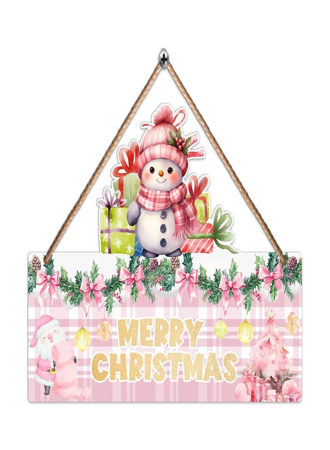 Hatzelou 1PCS Merry Christmas Wall Hanging Sign, Pink Wooden Sign for Front, Chrismas Theme Welcome with Snowman, Perfect for Winter Farmhouse Garden Porch Wall Decor (Christmas Door Sign) - Image 1